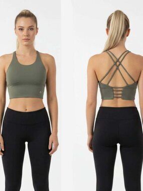 Savvy GREEN Double Cross Straps Back Laddered Peekaboo Cut Outs Sports Bra L